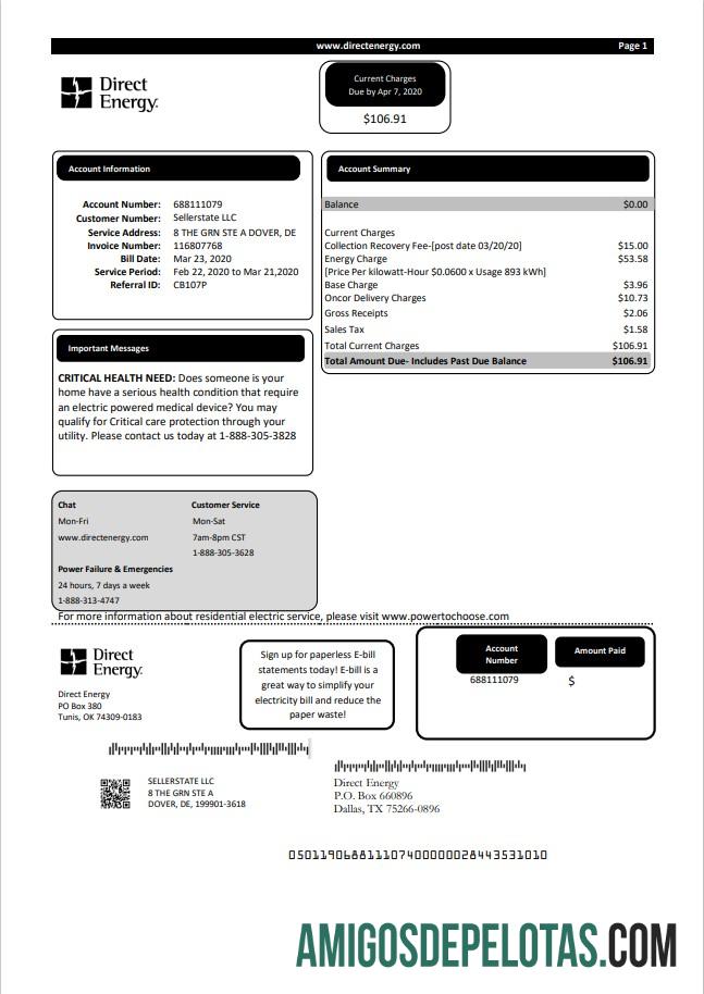 imprimível Modelo de conta de serviços públicos de energia direta dos EUA Texas em formato Word e PDF